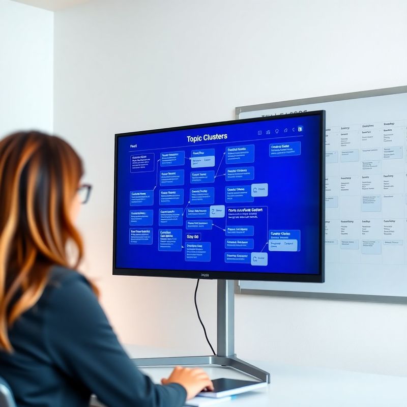 Stratég mapuje obsahové clustery na velkém monitoru s indigo UI
